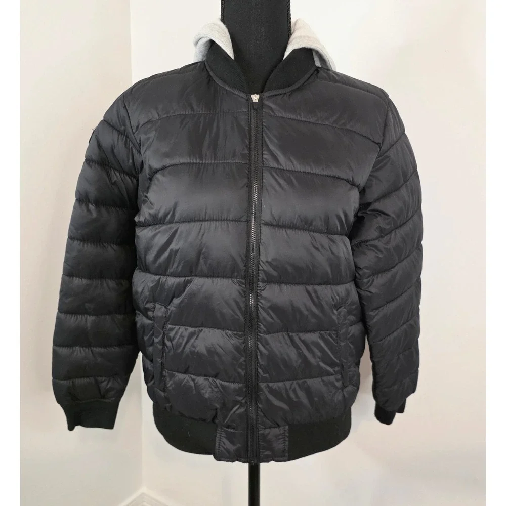 Justice Girls Black Puffer Jacket Grey Hooded Full Zip Quilted Coat Size 18/20